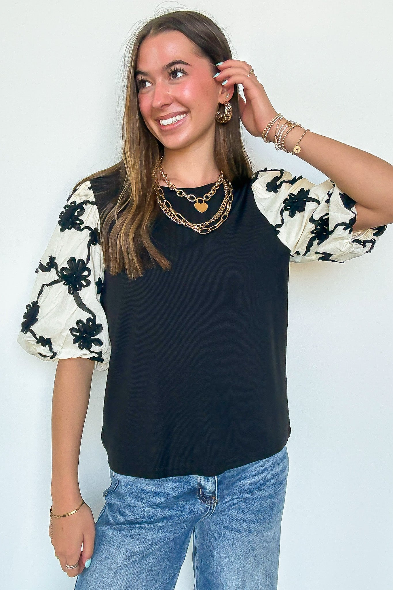 Mix Media Contrast Embroidered Knit Top