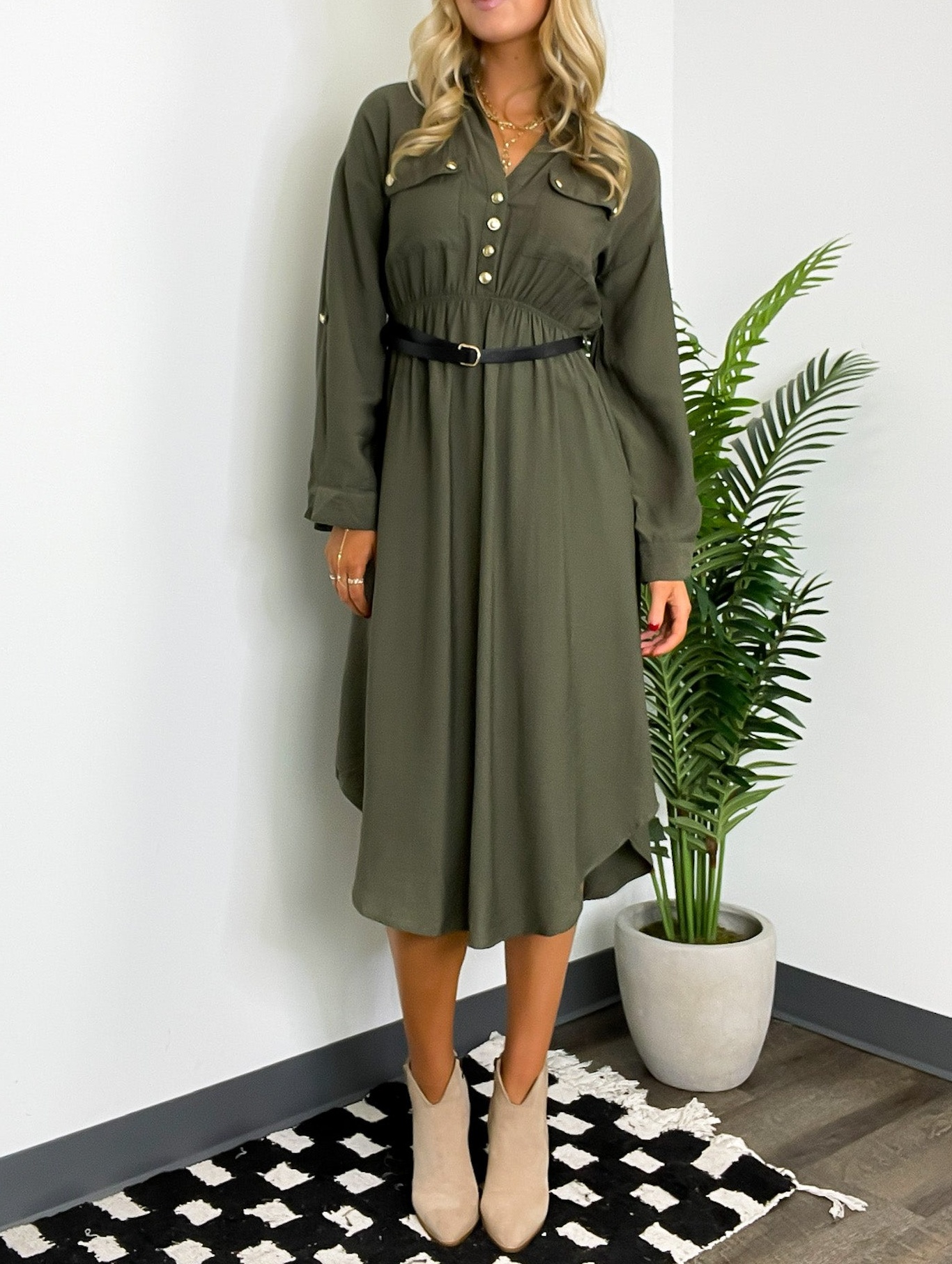 Adeline Button Down Belted Midi Dress