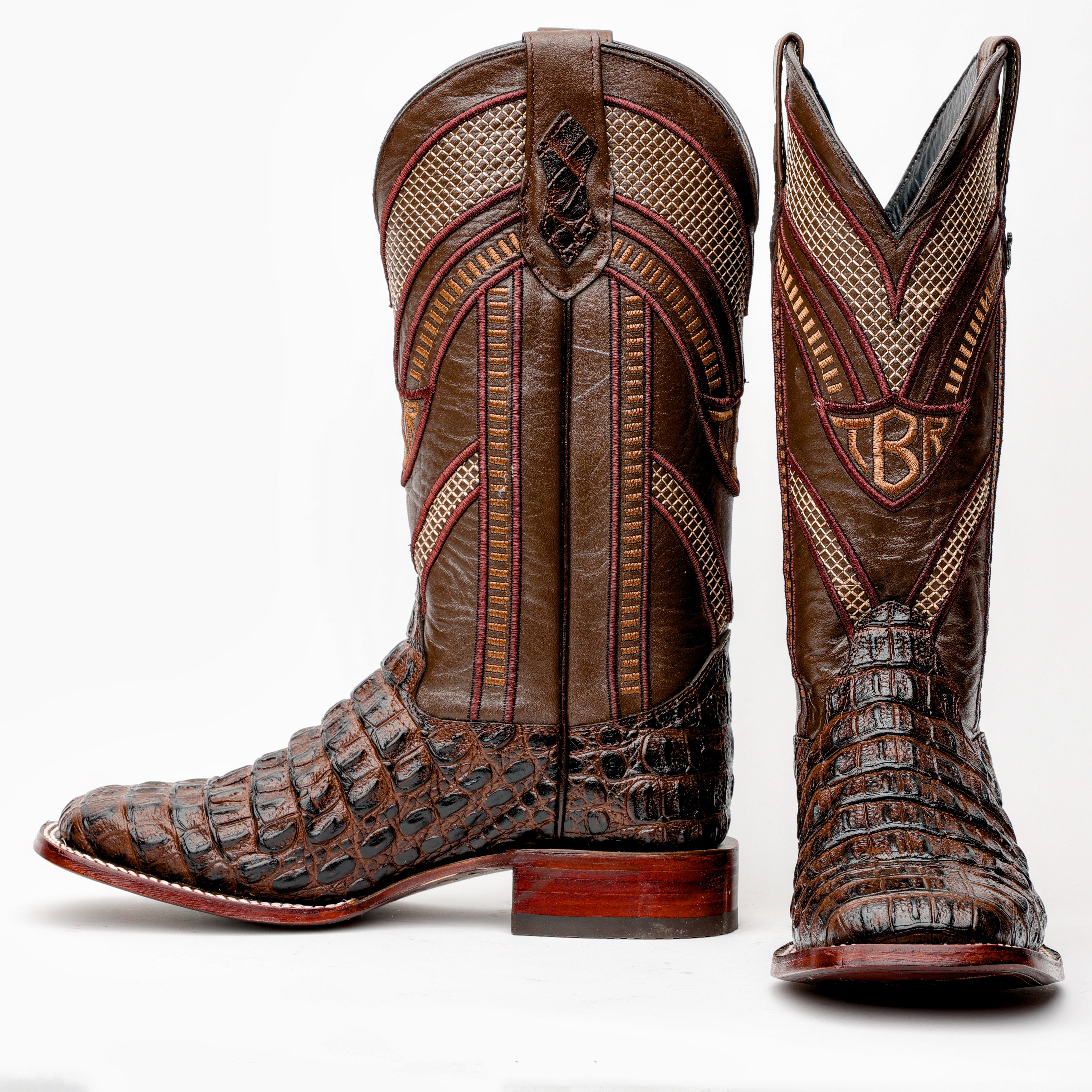 Brown Caiman Hornback Leather Boots - Square Toe