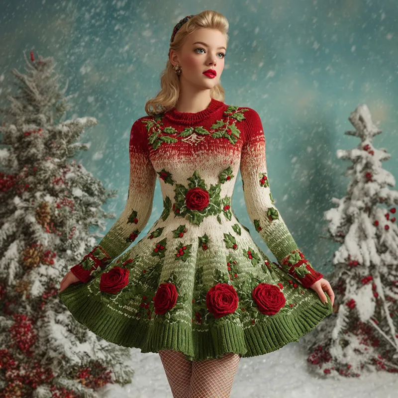 Women's Vintage Christmas Holly Leaves And Rose Gradient Knitted Midi Dress