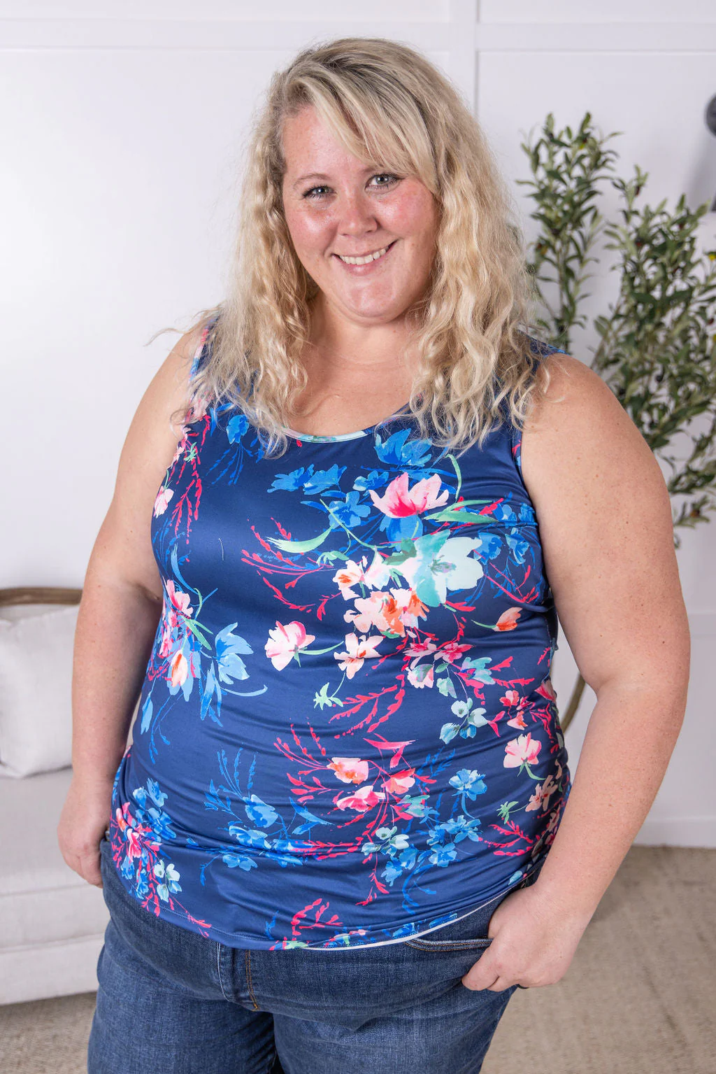 Luxe Crew Tank Top in Navy Floral Bliss