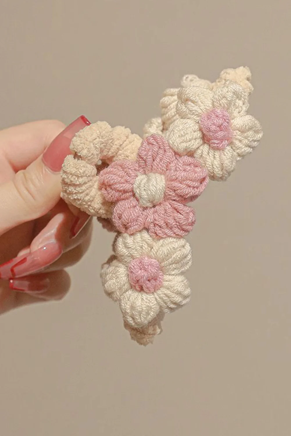 Pink Flower Crochet Cover Large Hair Claw Clip