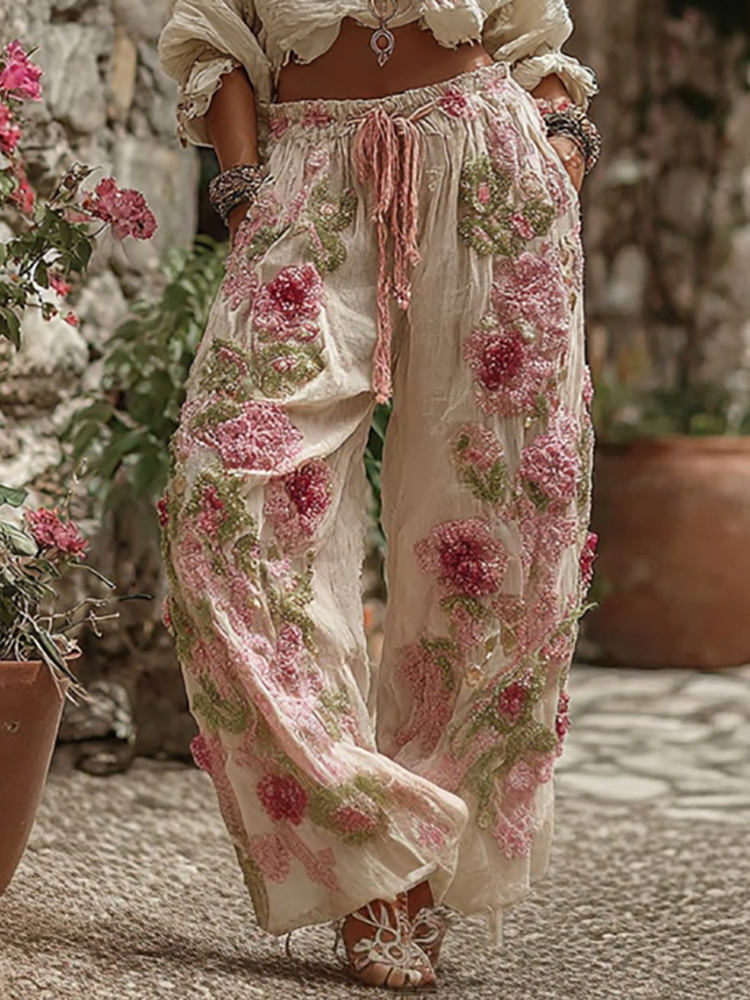 Classic Bohemian Style Pink Rose Vintage Casual Pants