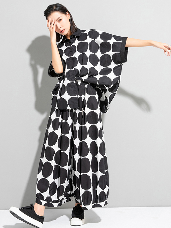 Urban White Black Polk-Dot Printed Wide Leg Pants