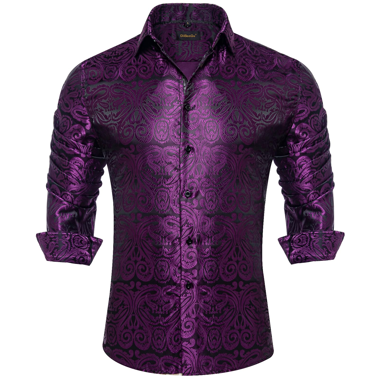 Men's Paisley Dress Shirt Long Sleeve Wrinkle Free Button Down Cowboy Shirts - Black&plum Purple&paisley