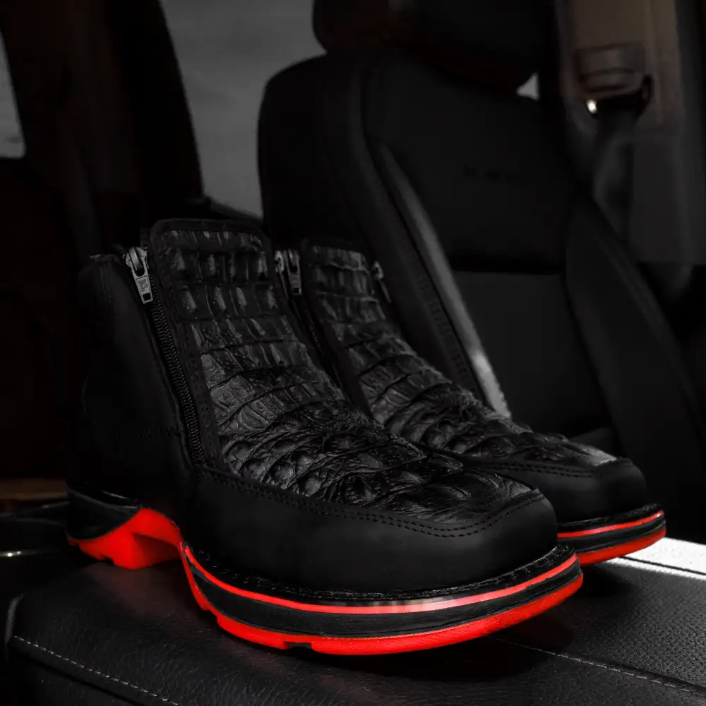 Black Caiman Neck Leather Botin With 3D Lightweight Soles - Square Toe