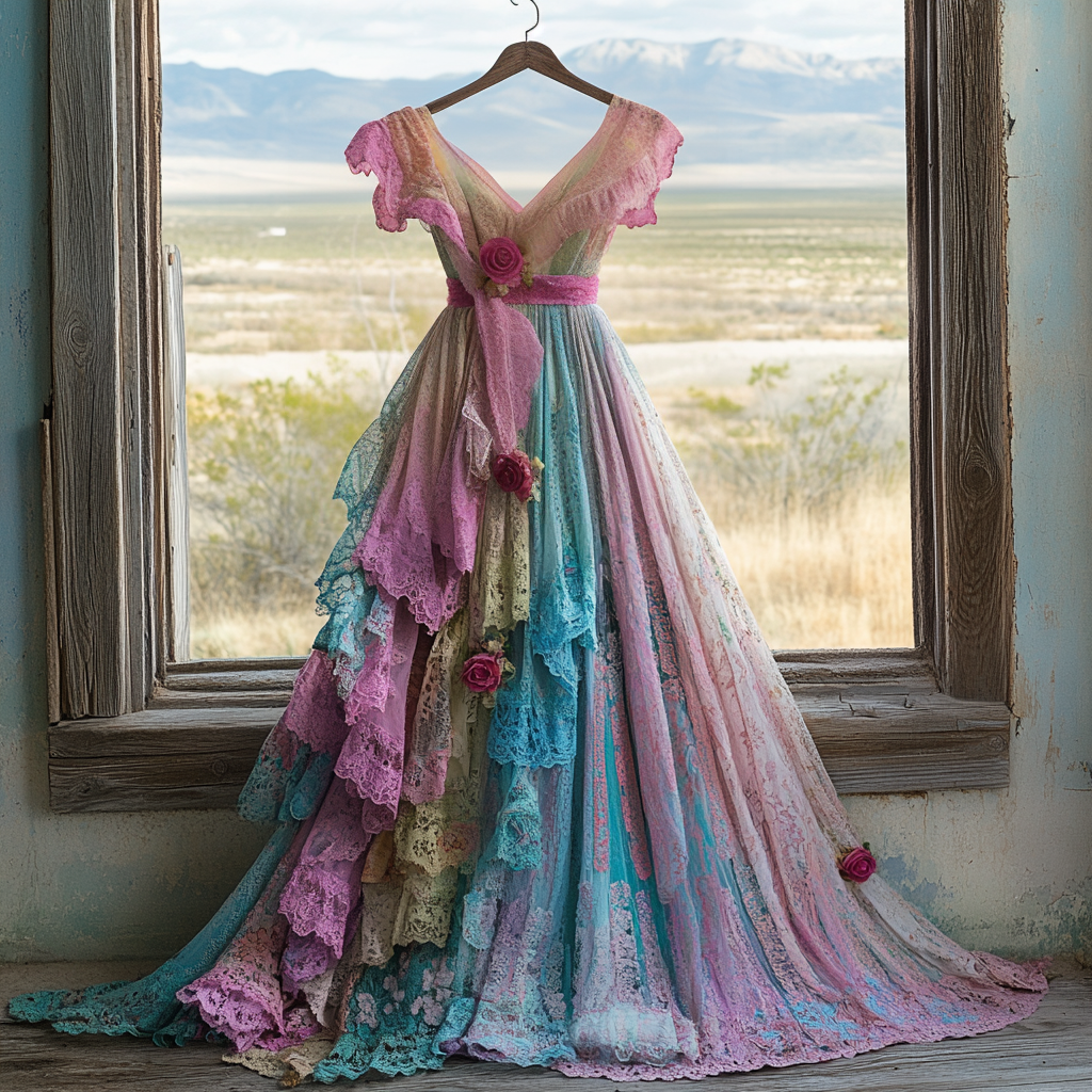 Windowsill Summer Romantic Lace Ruffle Rainbow Maxi Dress ae79