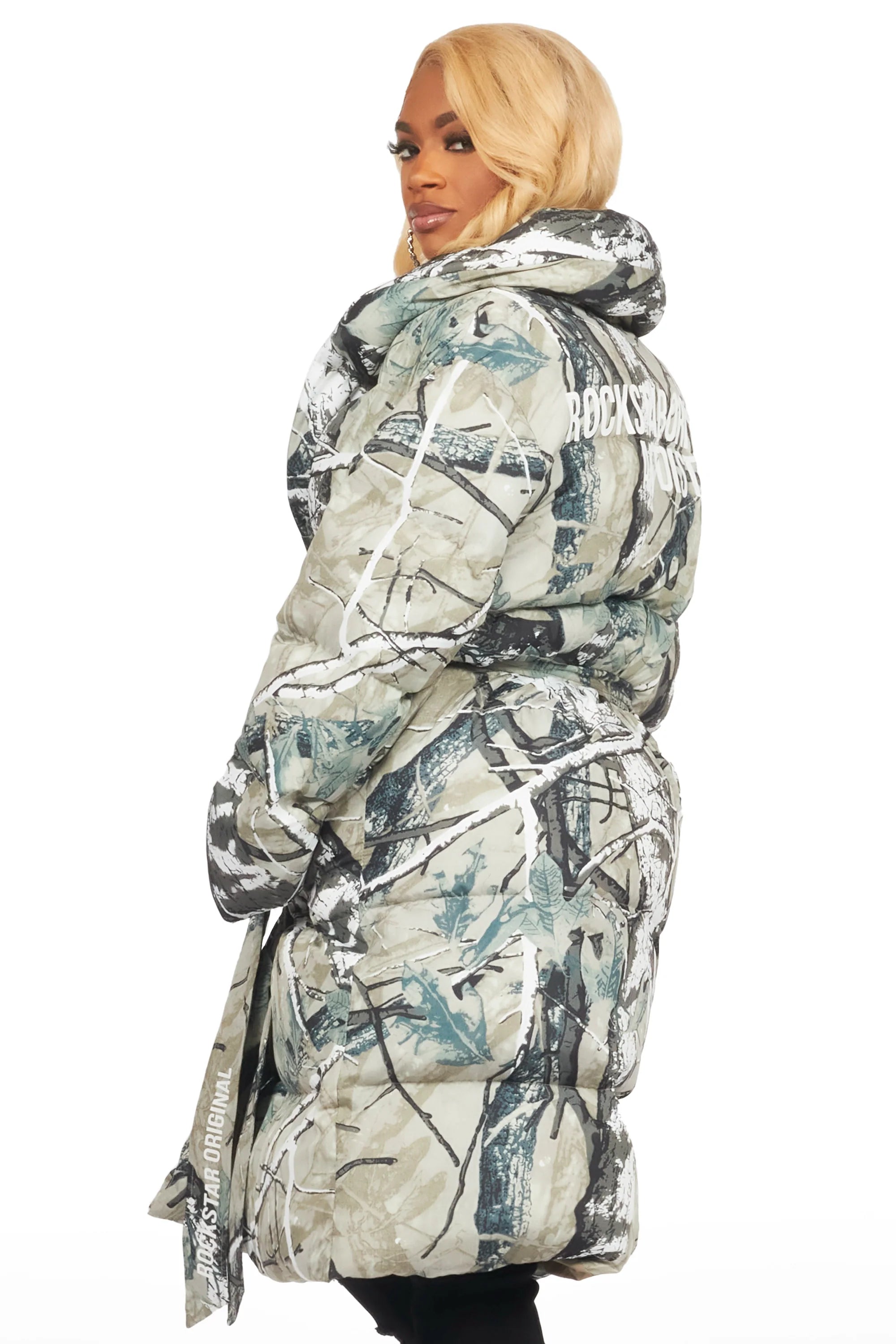 Sehrazat Tree Camo Long Wrap Puffer Jacket