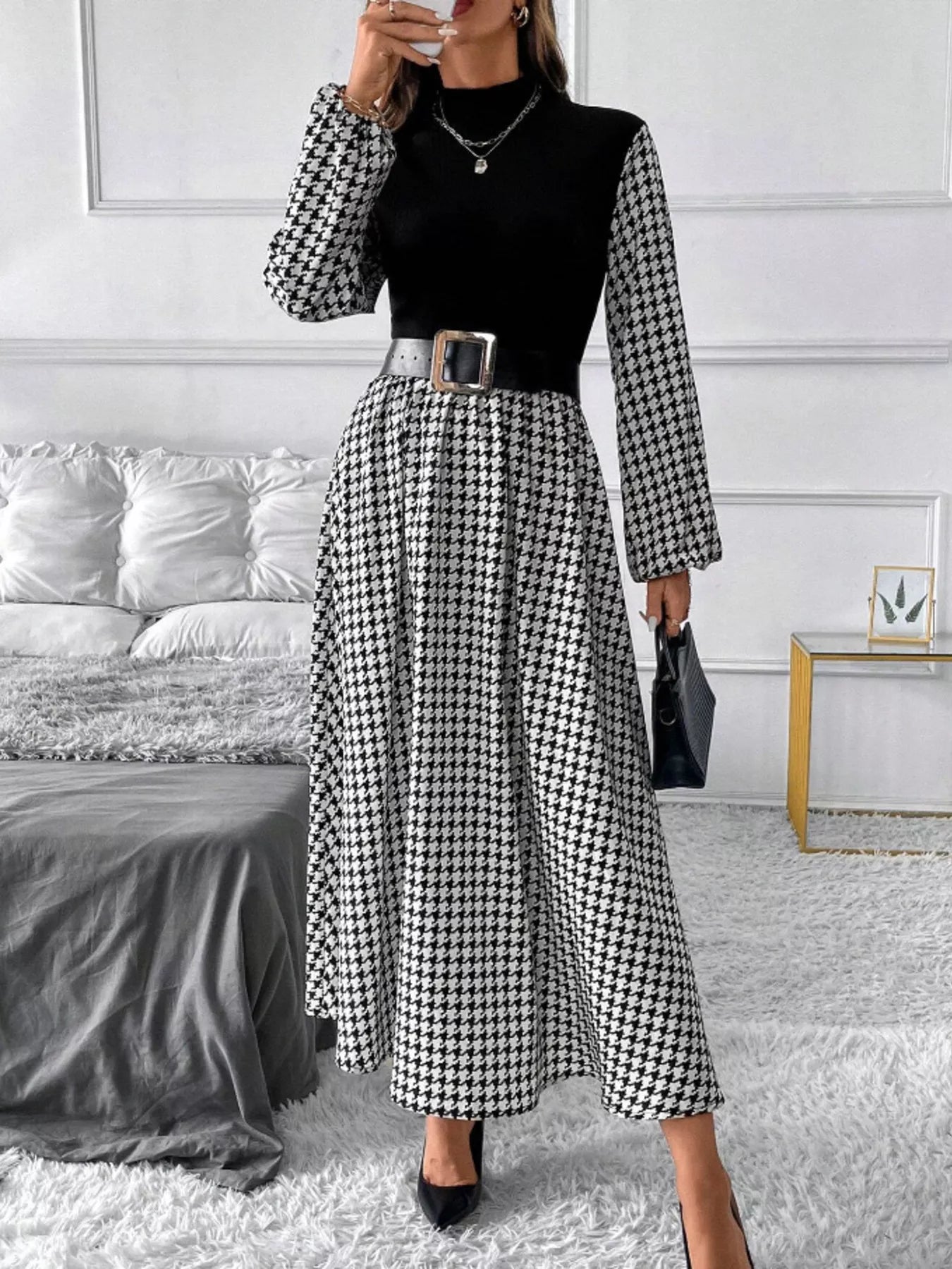 Houndstooth Mock Neck A-Line Dress