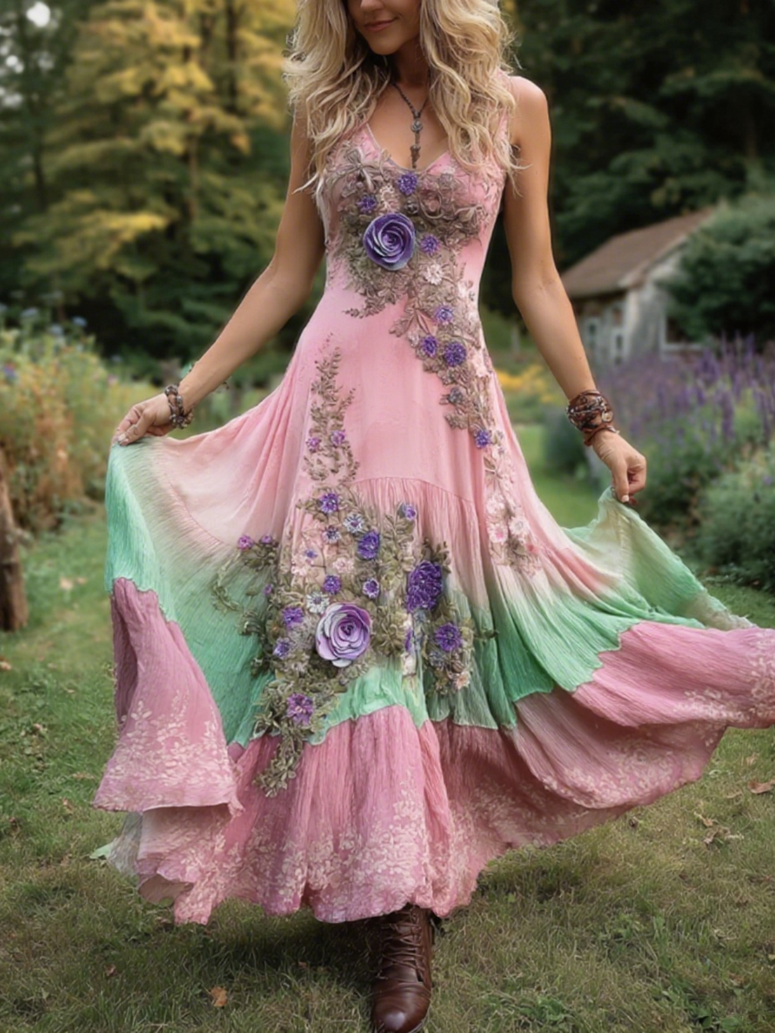 Classy Gradient Purple Lavender And Floral Embroidered Linen Maxi Dress