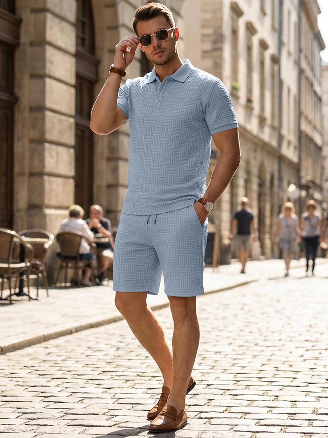 Mens Sweatsuits Sets Summer Tracksuits 2 Piece Outfits Textured Short Sleeve Golf Polo Drawstring Short