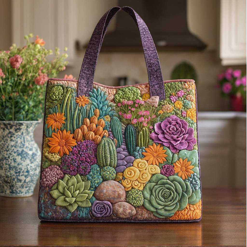 Garden of Quiet Bloom — 3D Succulent Quilted Tote Bag ✨