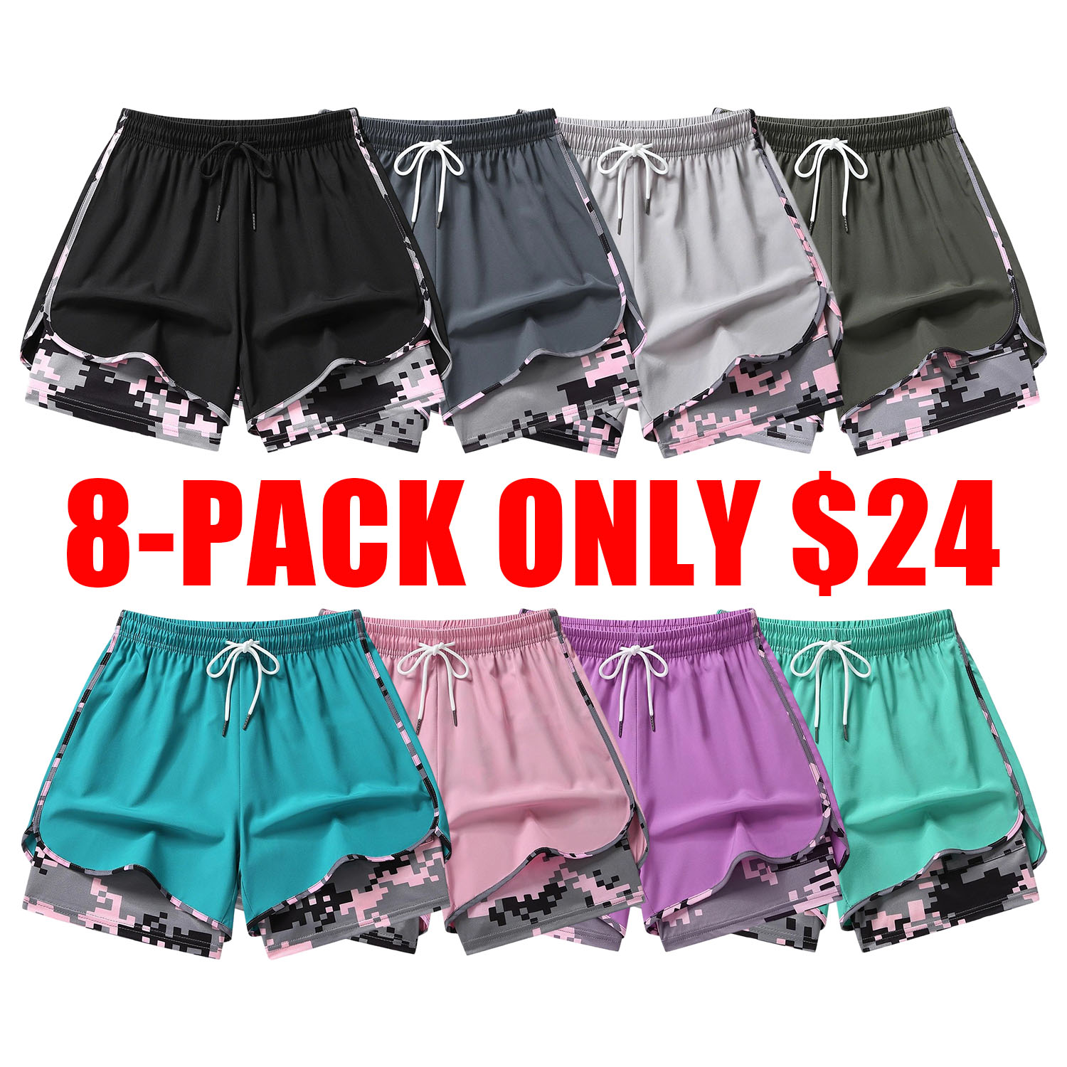 women’s casual athletic shorts with built-in liner, drawstring, elastic waistband—suitable for outdoor sports, fitness, running, and casual wear