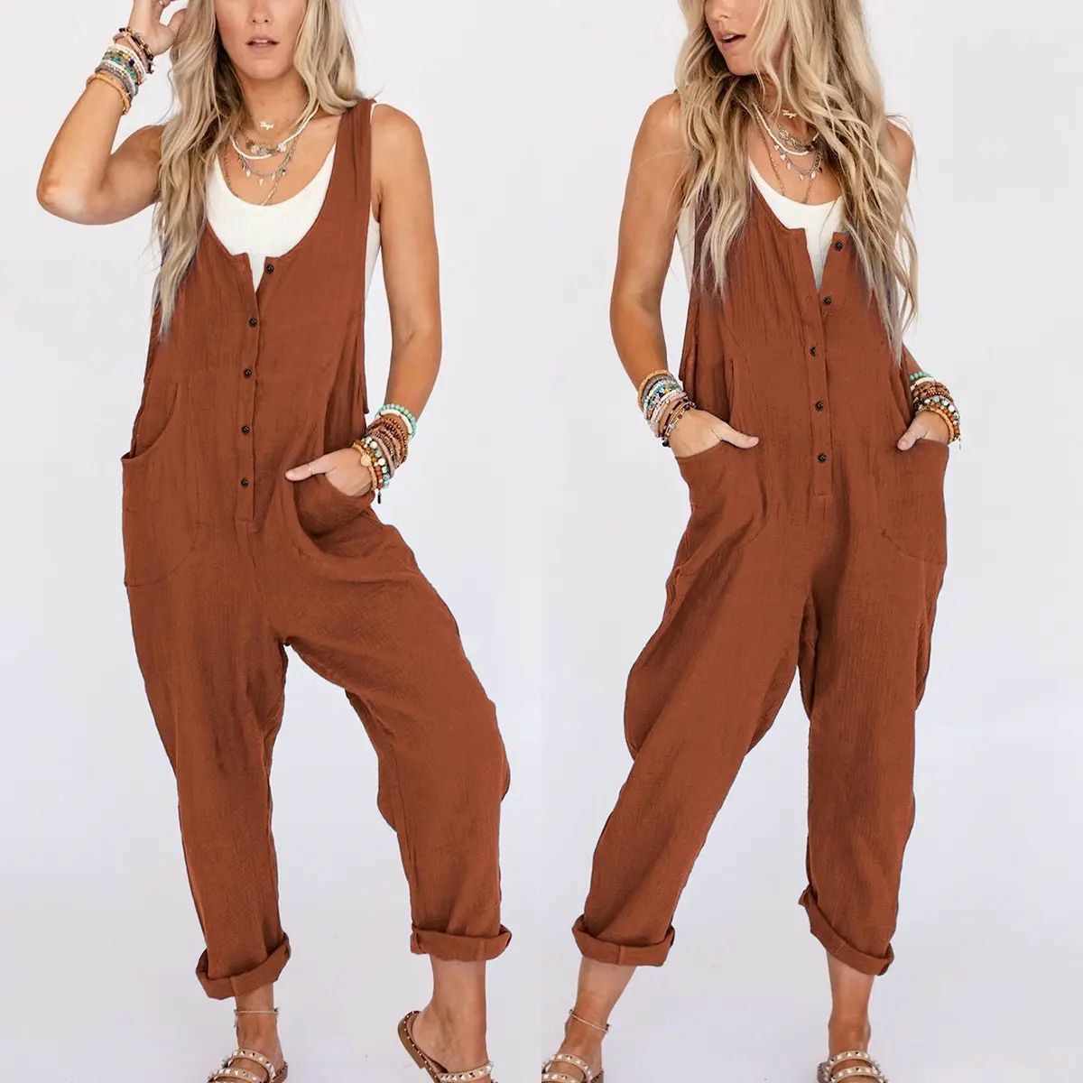 Women's Overalls Linen Cotton Jumpsuits Casual Loose Jumpers Adjustable Straps with Pockets Summer Rust Sleeveless