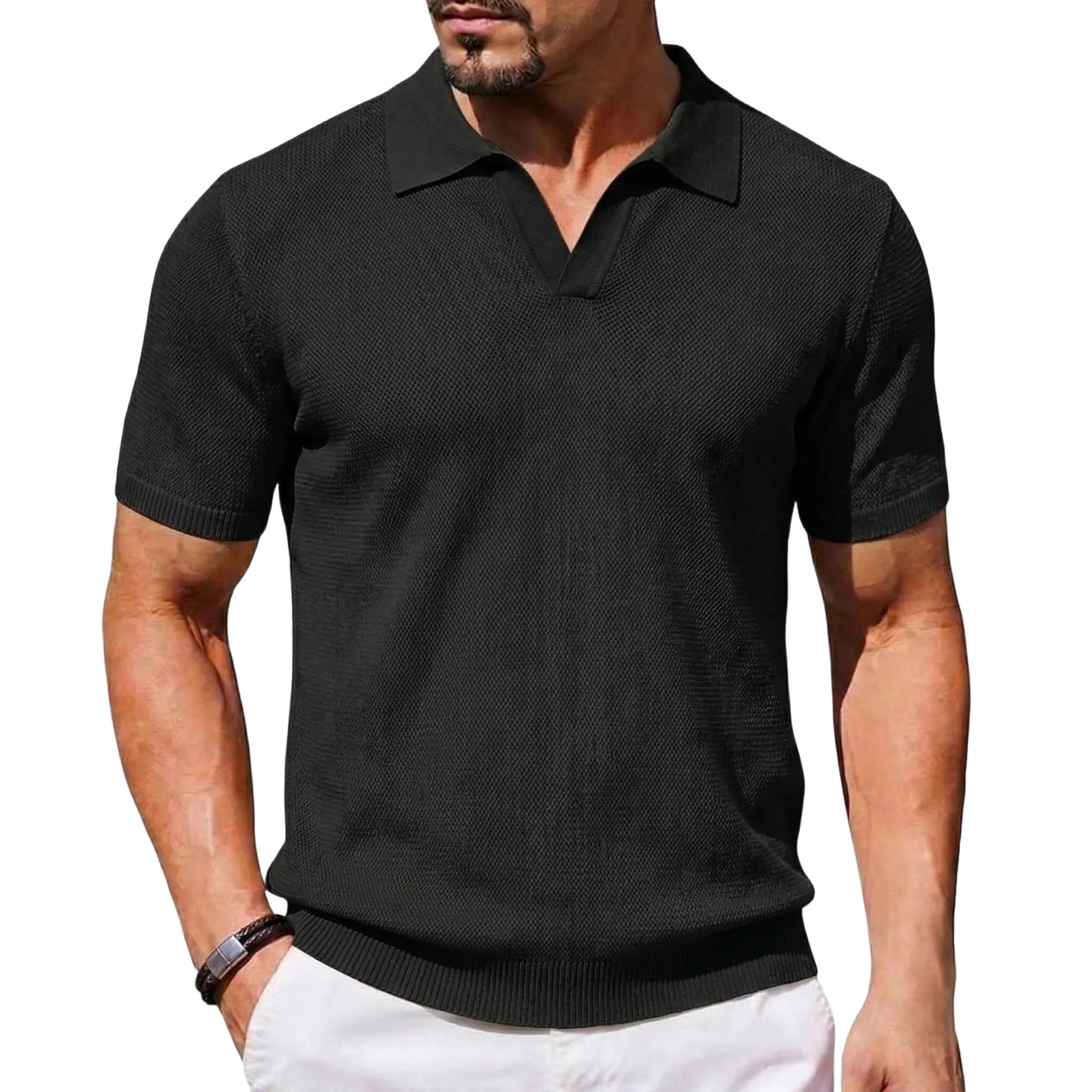 2026 Men's V Neck Short Sleeve Stretch Knit Polo Shirt