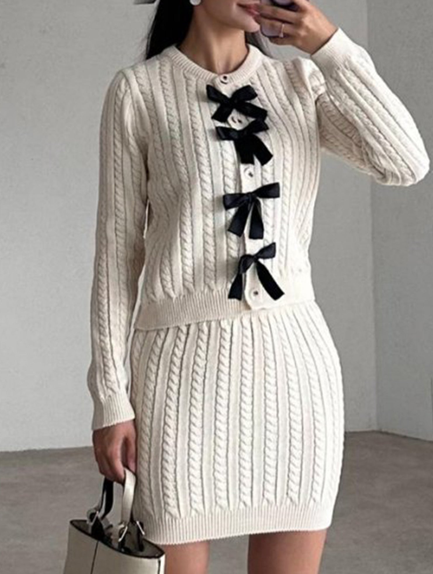 Cable Knit Cardigan Skirt Two Piece Set_CWSTB01065