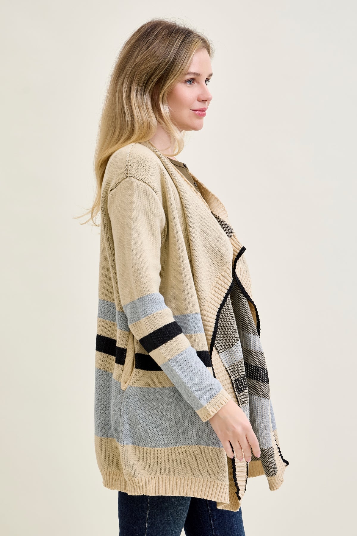 Drape Stripe Cardigan Beige Sweater