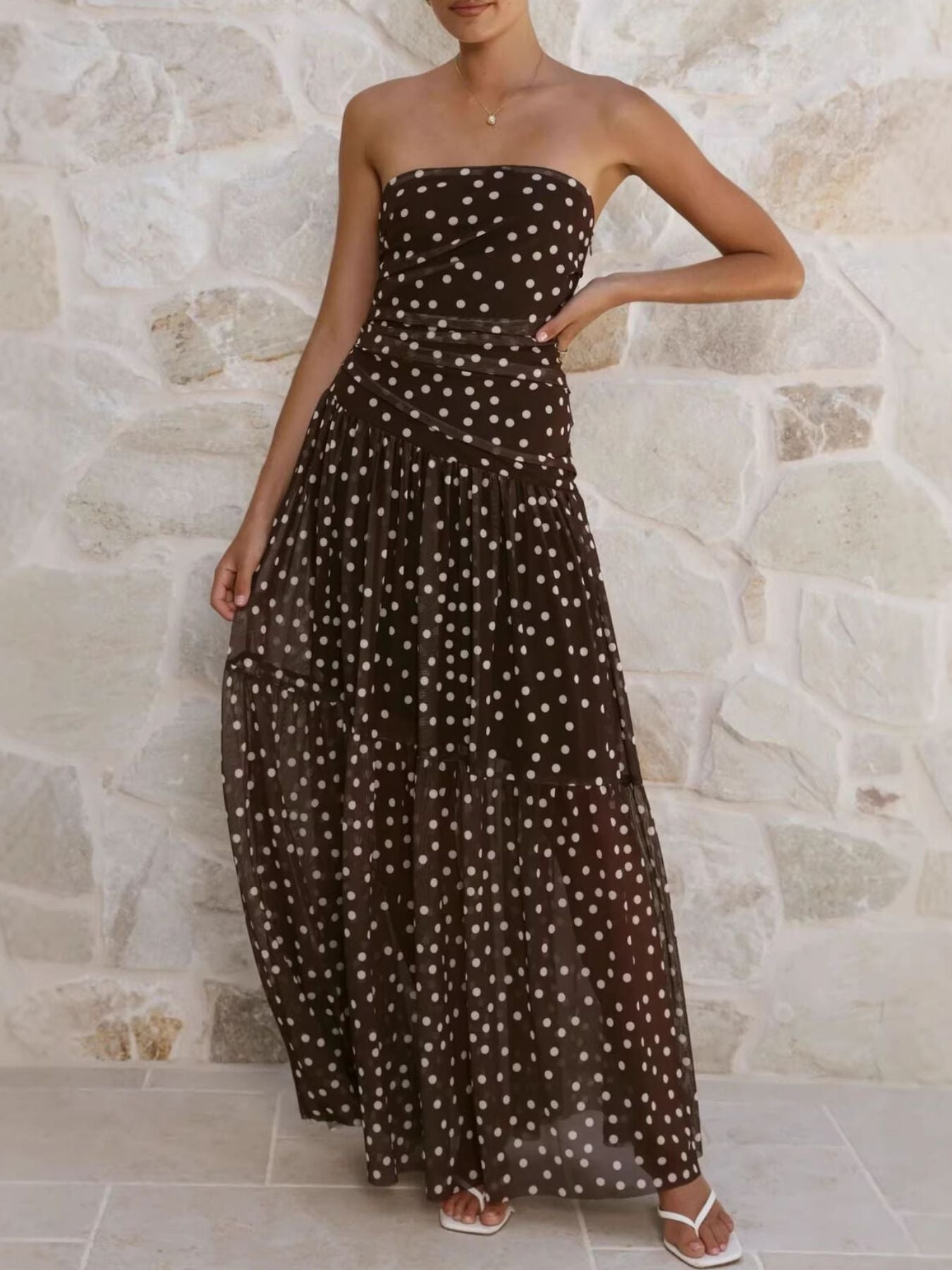 Polka Dot Strapless Ruched Maxi Dress