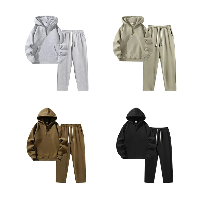 🔥Last Day Promotion 89% OFF🔥Men'S Plain Drop Shoulder Sweatsuit Set, Casual Half Zip Hoodie & Drawstring Sweatpants With Pocket