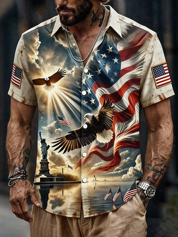Men's American Flag Bald Eagle Statue of Liberty Distressed Button Up Shirt