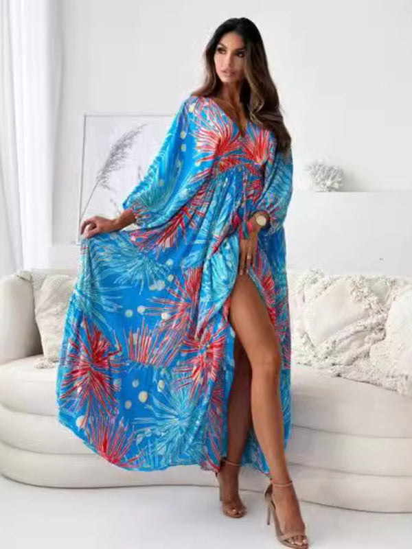 Sexy Deep V Multi-Color Printed Slit Dress With Three-Quarter Sleeves