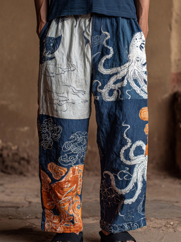 Men's Retro Japanese Art Ocean Octopus Print Casual Pants