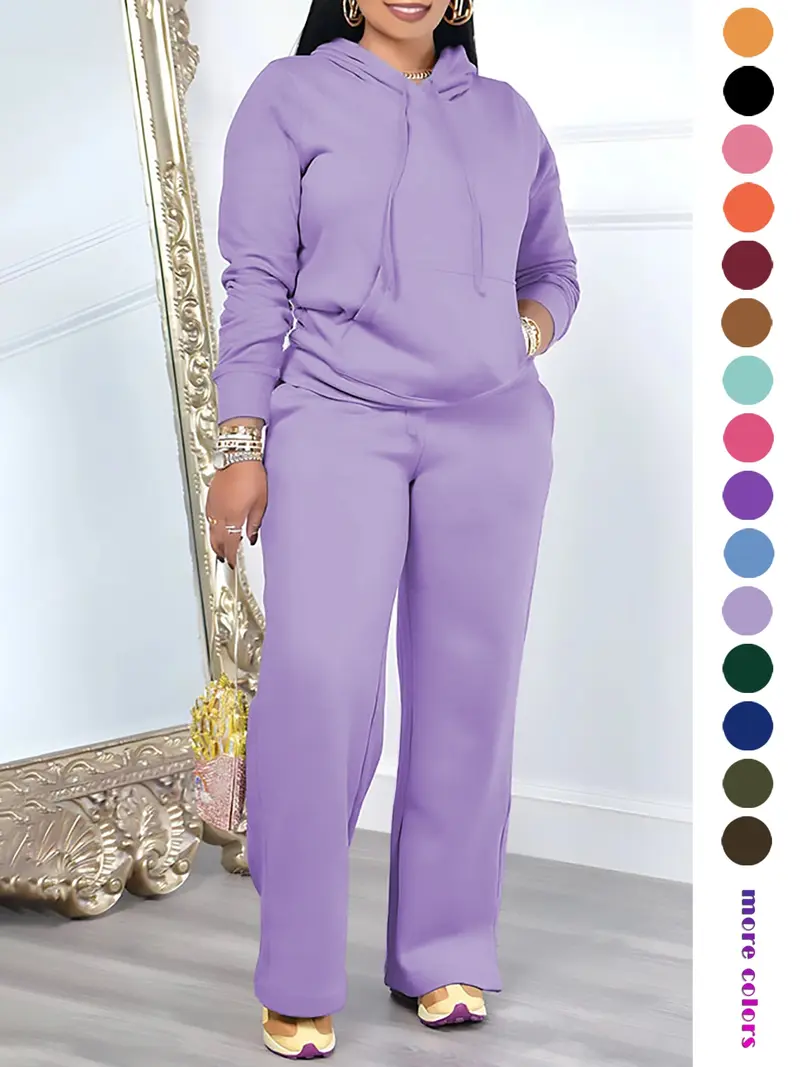 🔥Two-Piece Set Women's Solid Drawstring Hoodie & High Waist Pants Set, Casual Long Sleeve Pocket Hooded Sweatshirt & Straight Leg Trousers for Spring & Fall, Ladies' Clothes for Daily Wear