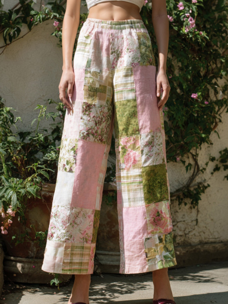 Women's Retro Bohemian Floral Patchwork Linen Trousers