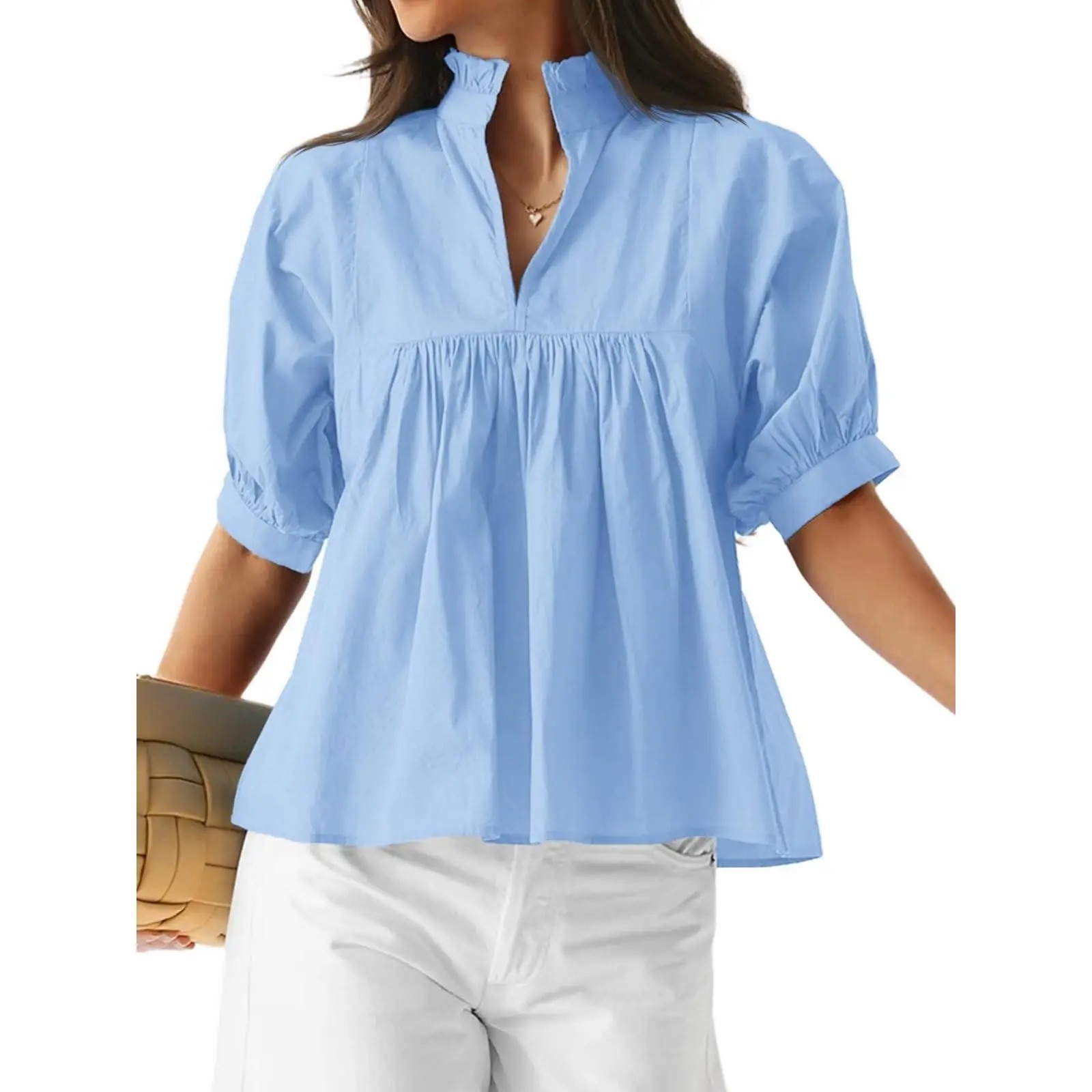 Elegant V-Neck Puff Sleeve Peplum Blouse - Versatile Dressy Casual