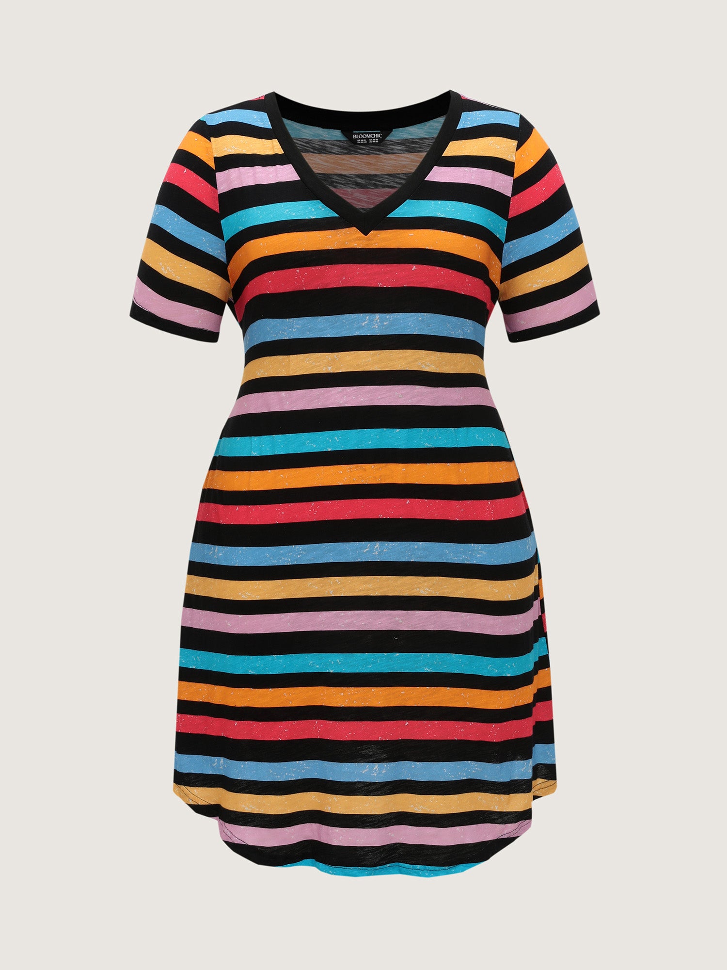 Cotton Stretchy Colorful Striped V-Neckline Midi Dress