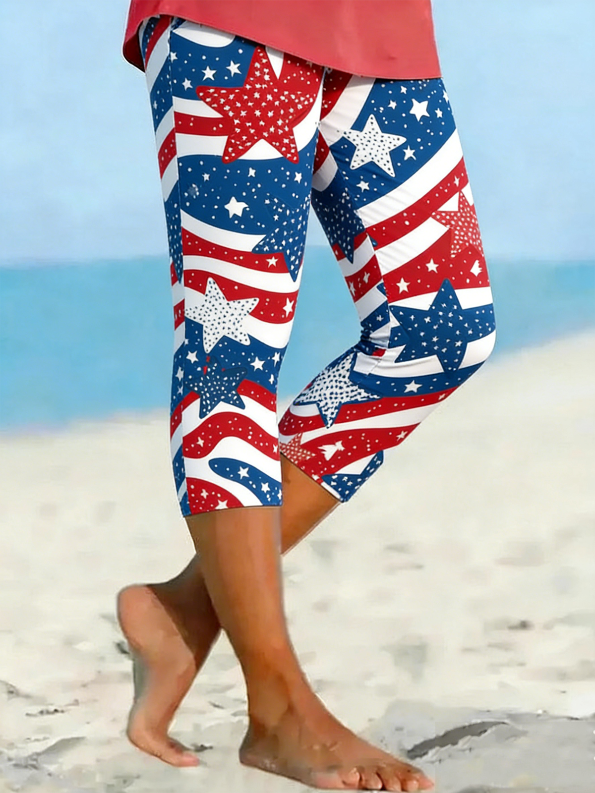 Women Striped Capris Elastic Waist Pants Casual Summer Trousers