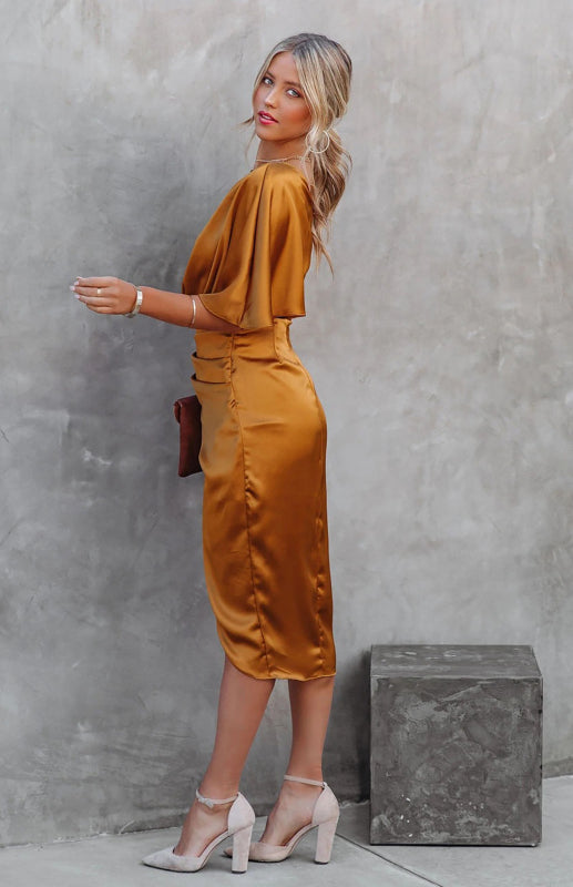 One Sleeve Irregular Pleated Waist Skirt Dress