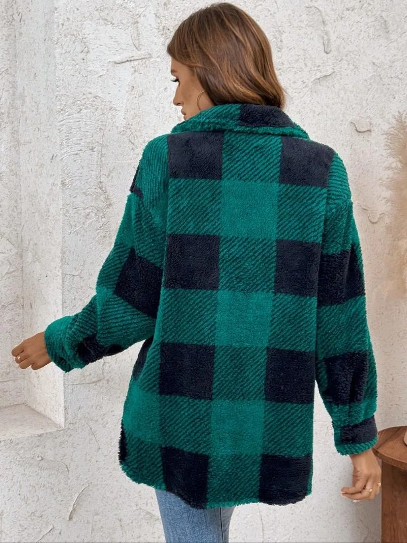 Women's Plaid Print Button Front Fuzzy Coat