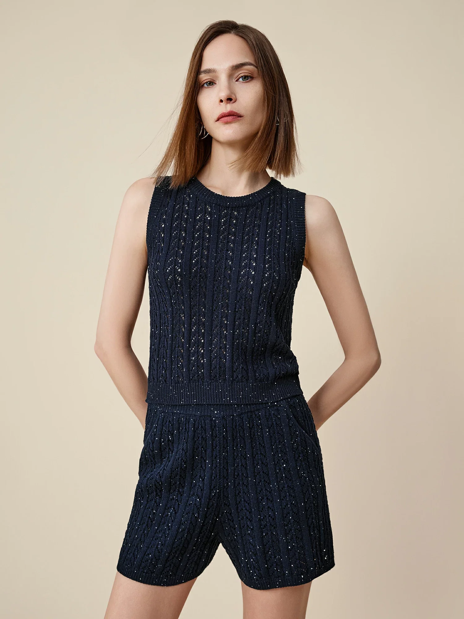 Lyocell Sleeveless Openwork Sequin Knitted Vest