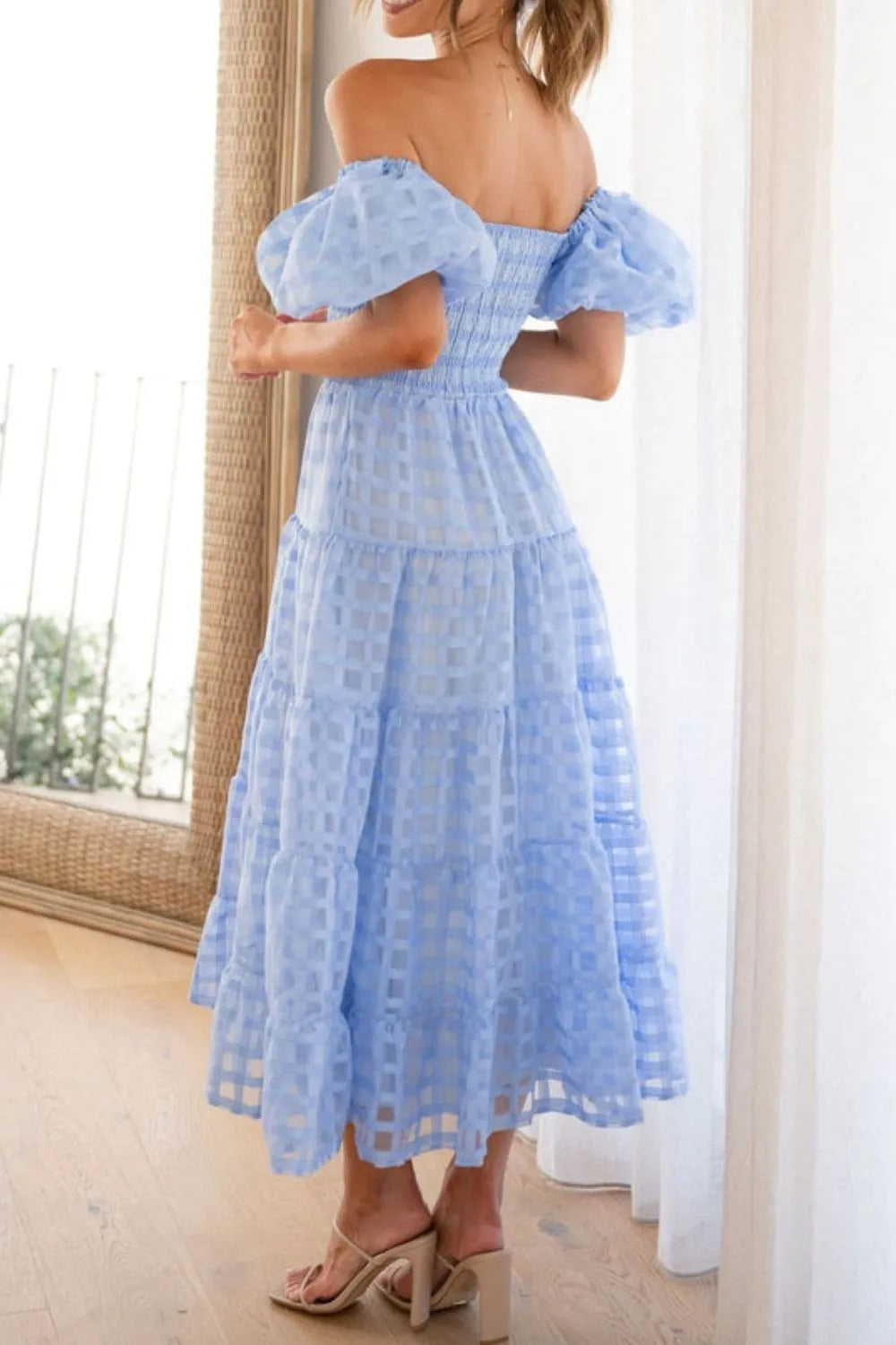 Off Shoulder Short Puff Sleeve Midi Dress