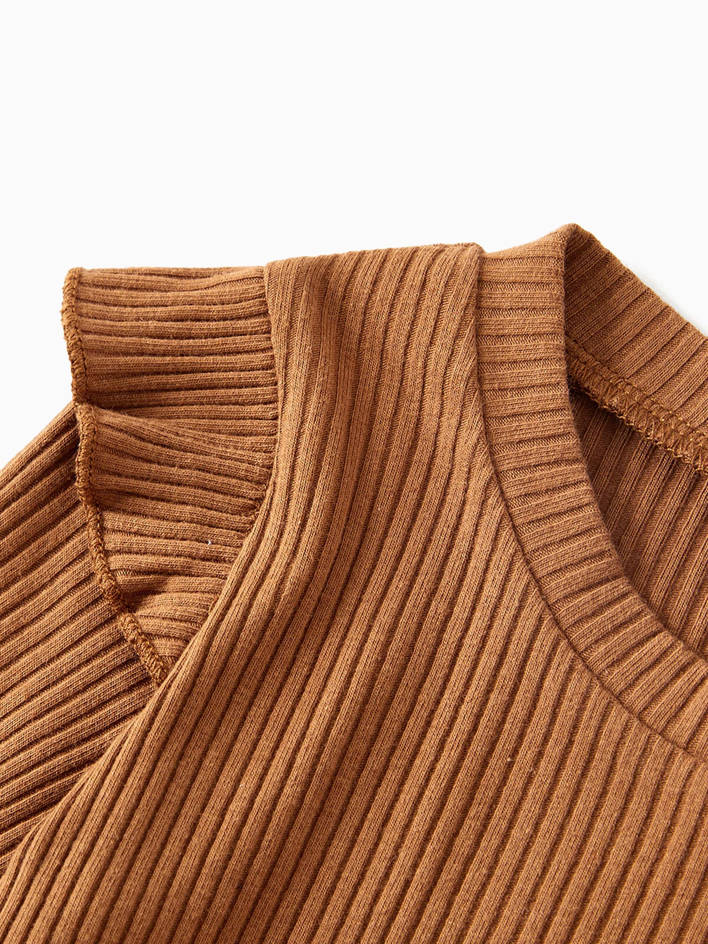 Family Matching Coffee Ribbed Spliced Plaid Belted Dresses and Long-sleeve Colorblock Tops Set Coffee