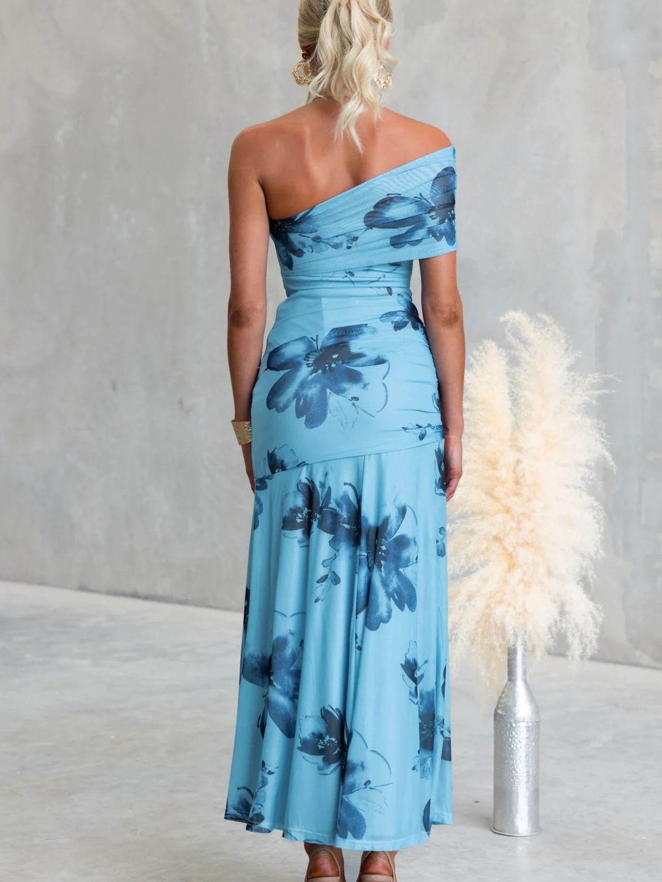 Floral Print One-Shoulder Ruched Maxi Dress