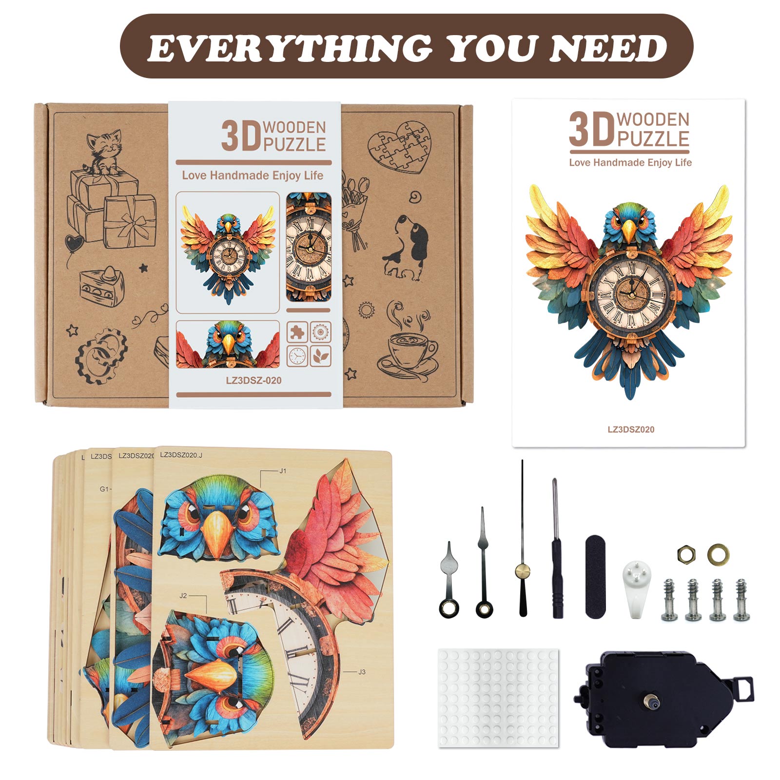 Parrot â€“ DIY Wooden Clock, 3D Puzzle Craft Kit
