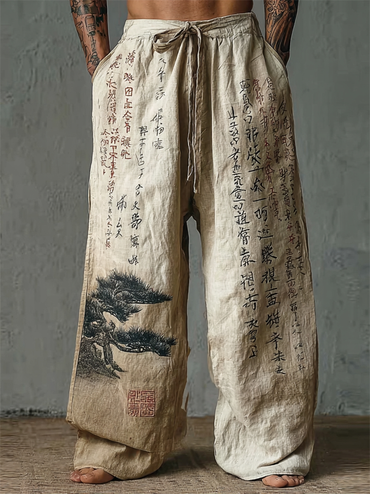 Men's Pine Tree Calligraphy Art Gradient Linen Wide Leg Pants