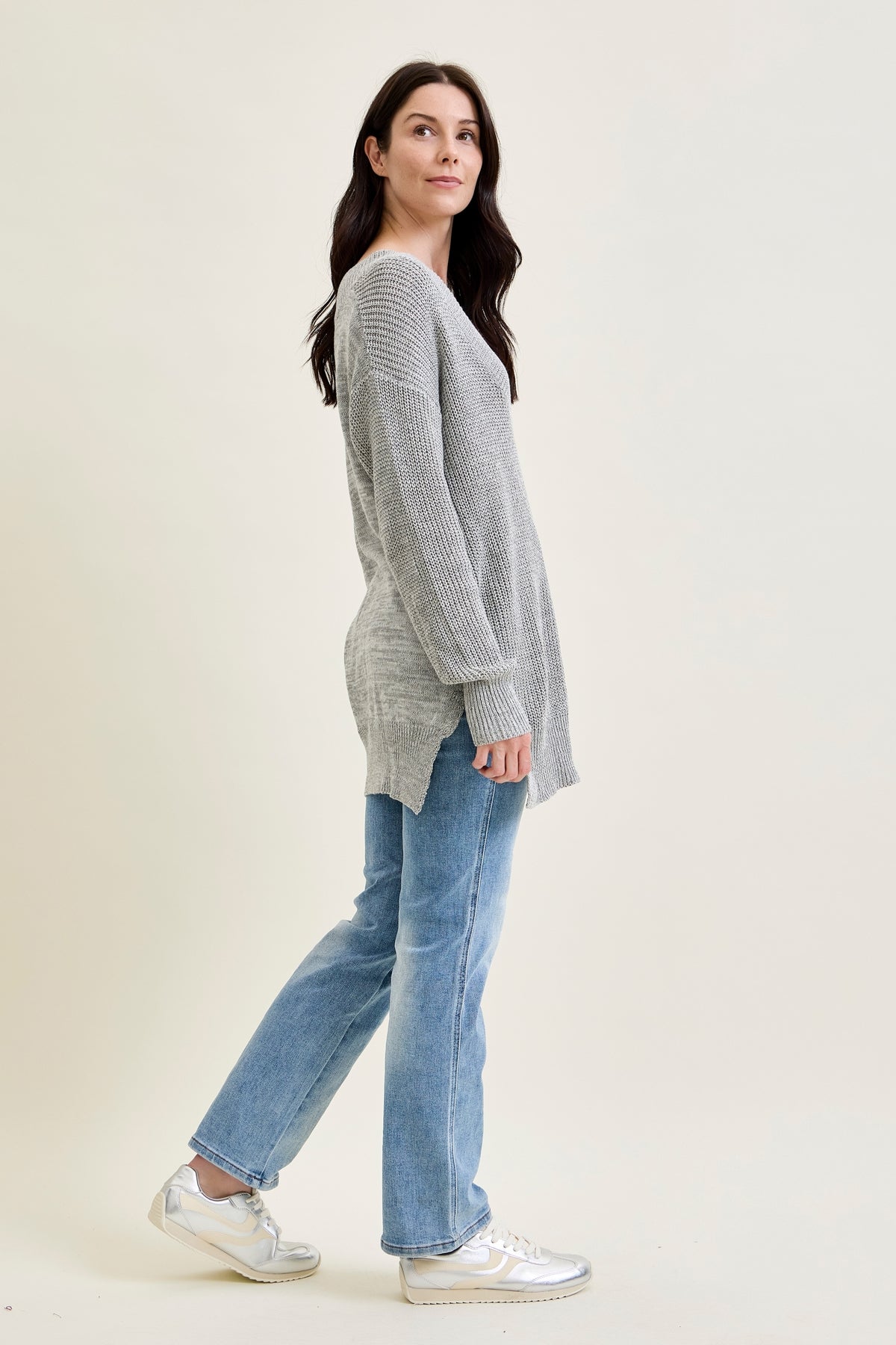 Slouchy V-Neck Off Shoulder Grey Sweater