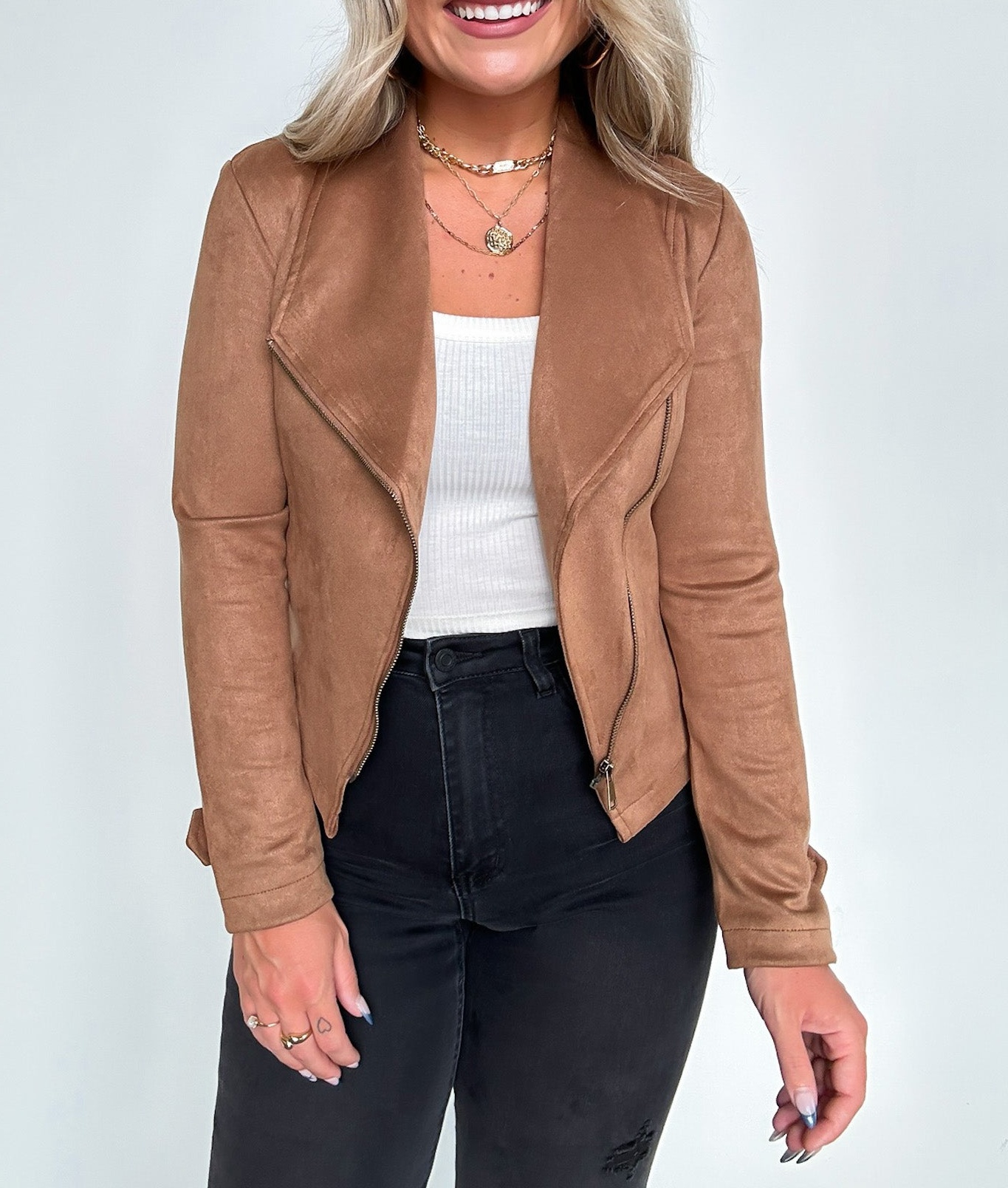 Faux Suede Zip Up Moto Jacket