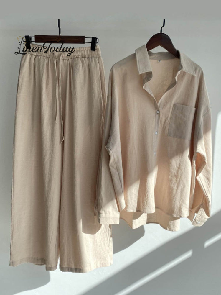 Women's Solid Color Loose Elegant High Waist Casual Cotton And Linen Suit