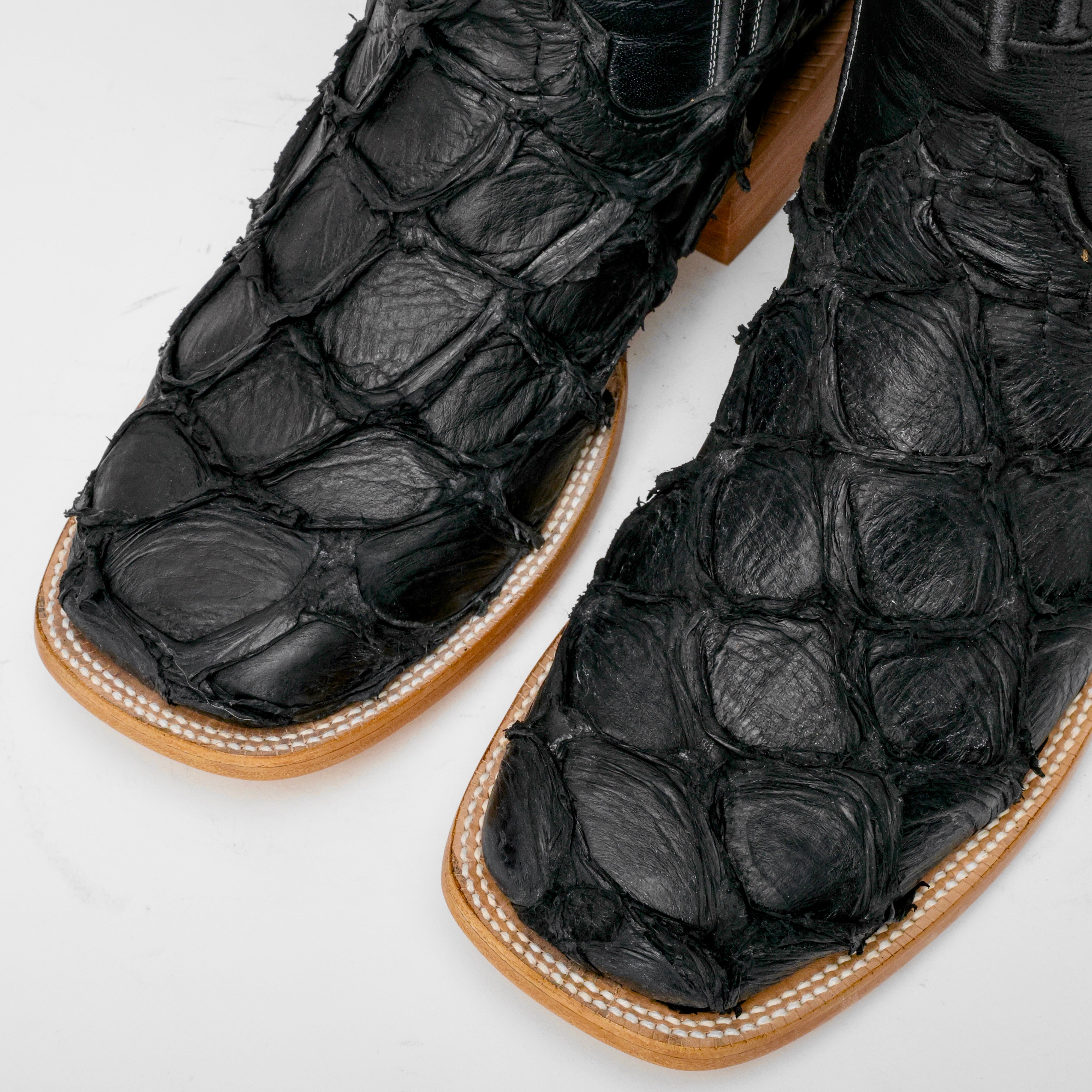 Matte Black Genuine Pirarucu Boots - Square Toe