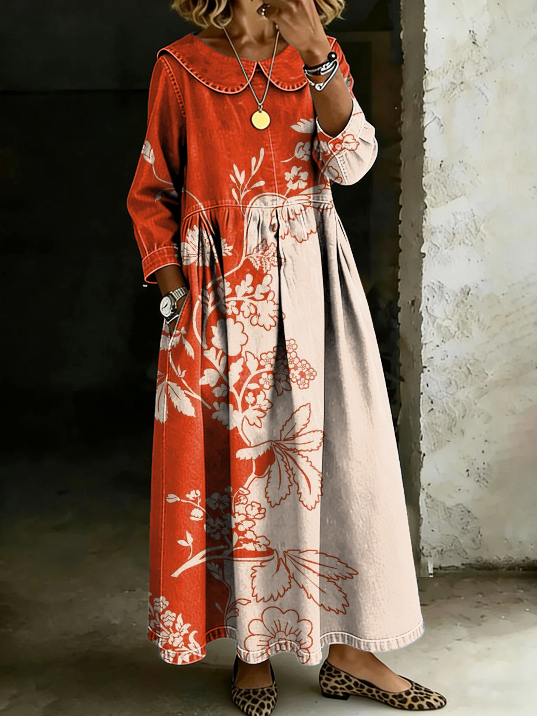 Women's Vintage Flower Peter Pan Collar Long-sleeved Casual Loose Denim Dress