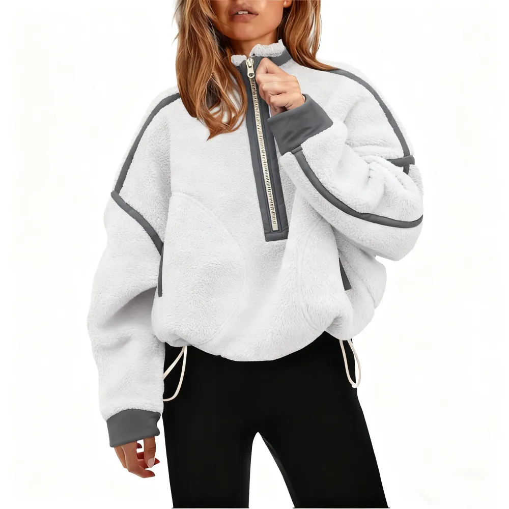 Women Sherpa Fleece Warm Oversized Half Zip Sweater