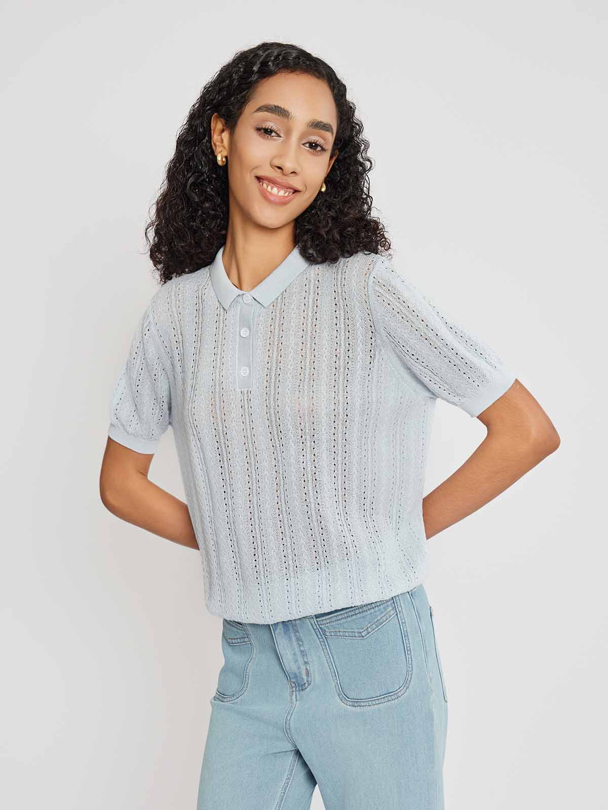 ASOBIO Ribbed Knit Polo Top