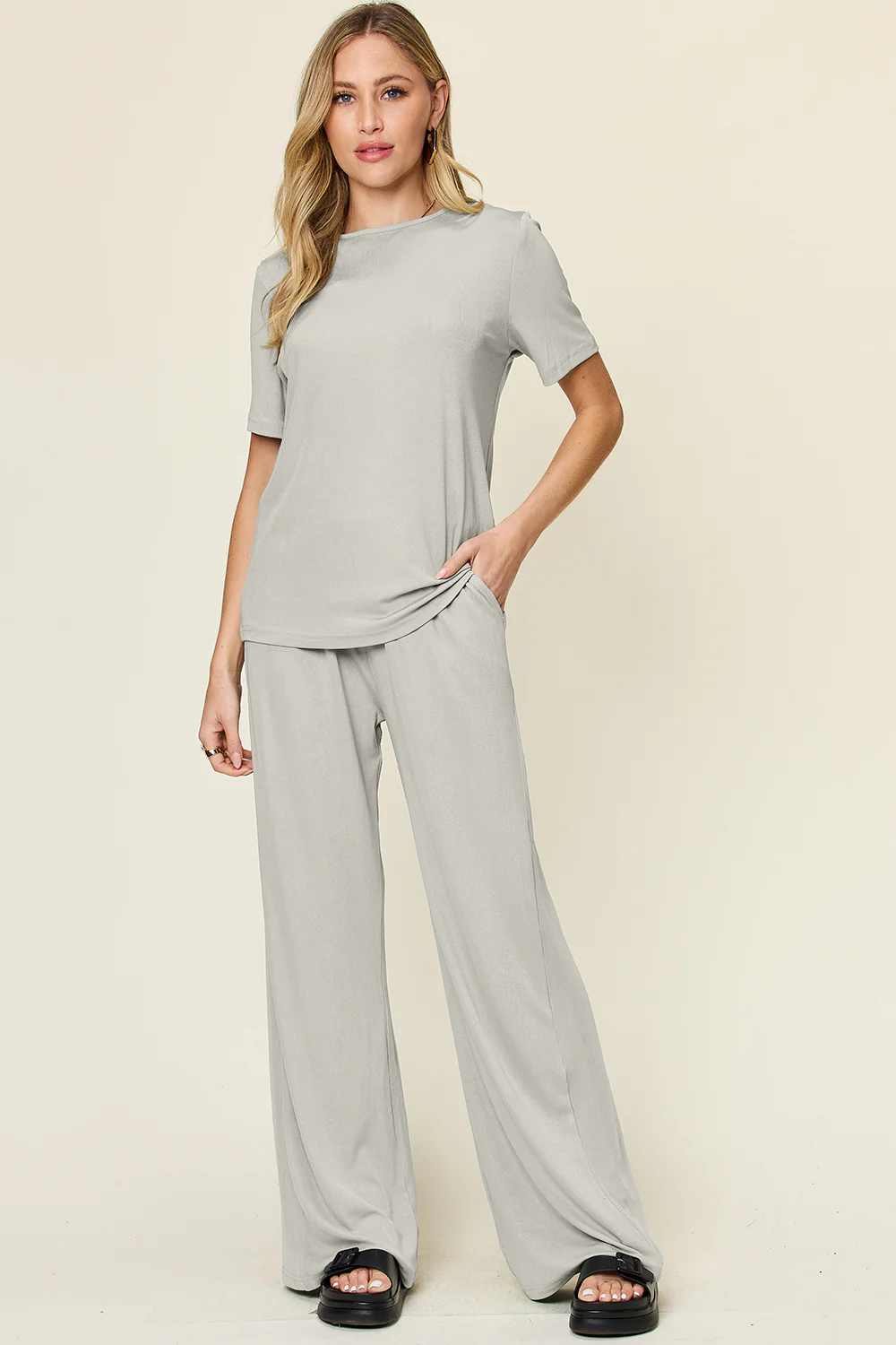 Full Size Round Neck Short Sleeve T-Shirt and Wide Leg Pants Set