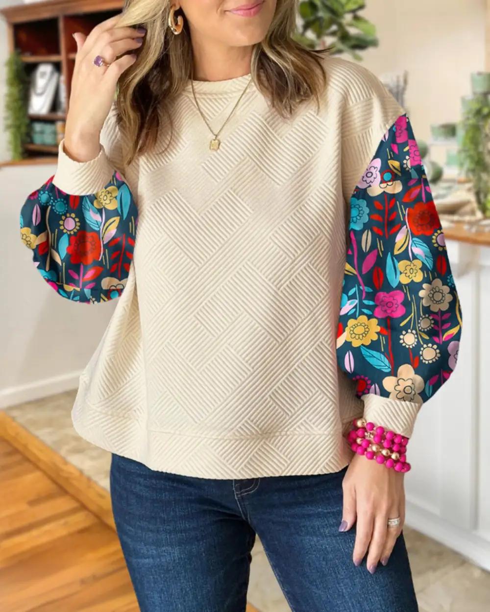 Floral Sleeve Texture Sweatshirt