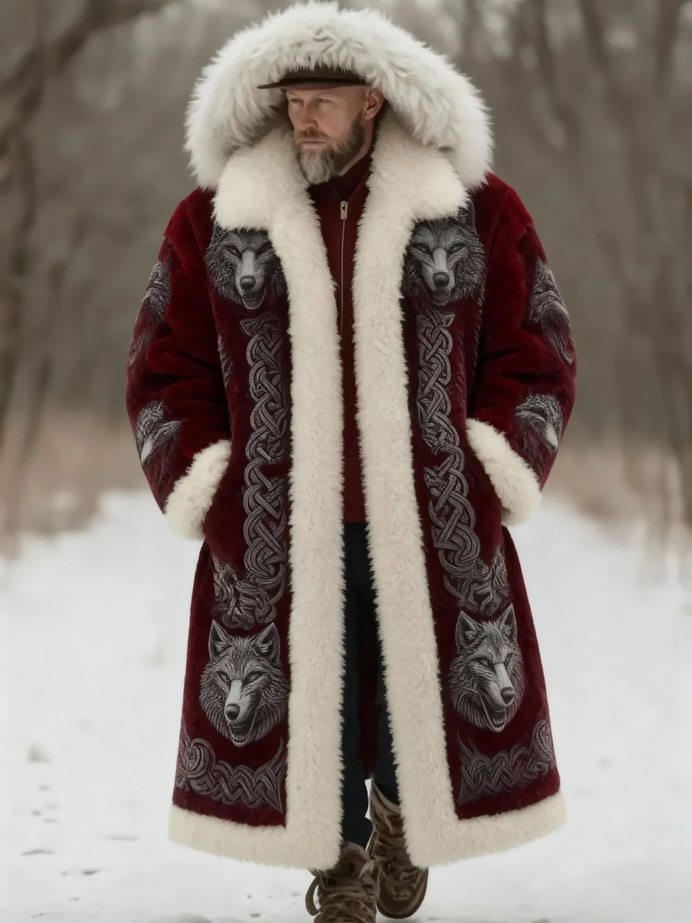 Men's Viking Style Warm Fleece Mid-length Coat