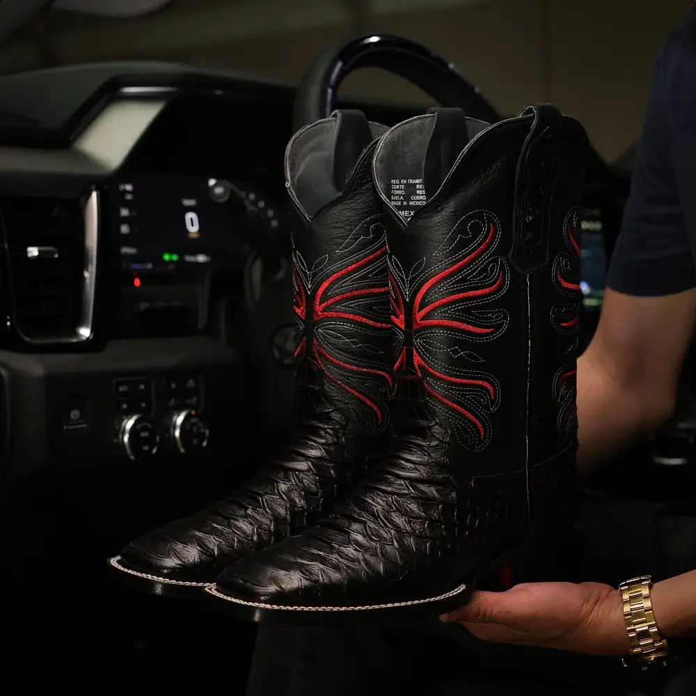 Black Cherry Anaconda Leather Boots - Square Toe